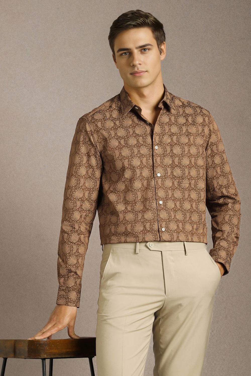 Men Brown Print Full Sleeves Formal Shirt-Brown