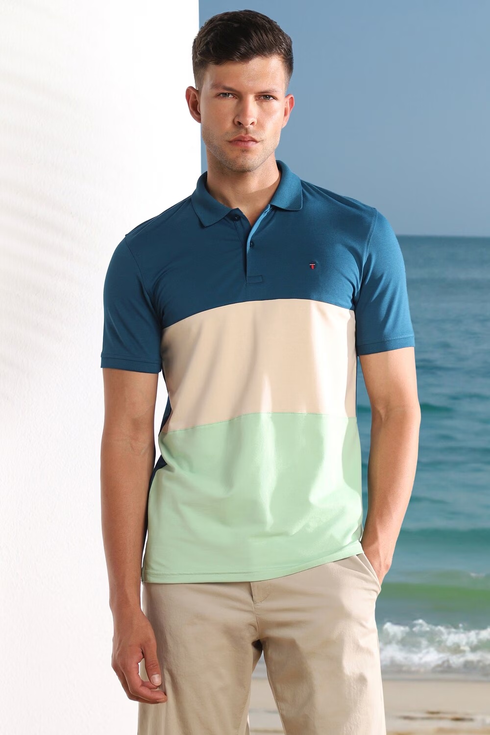 Men Blue Patterned Polo Neck T-shirt-Blue