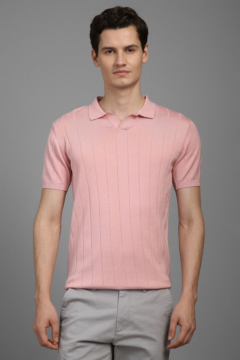 Men Pink Textured Polo Neck T-shirt-Pink