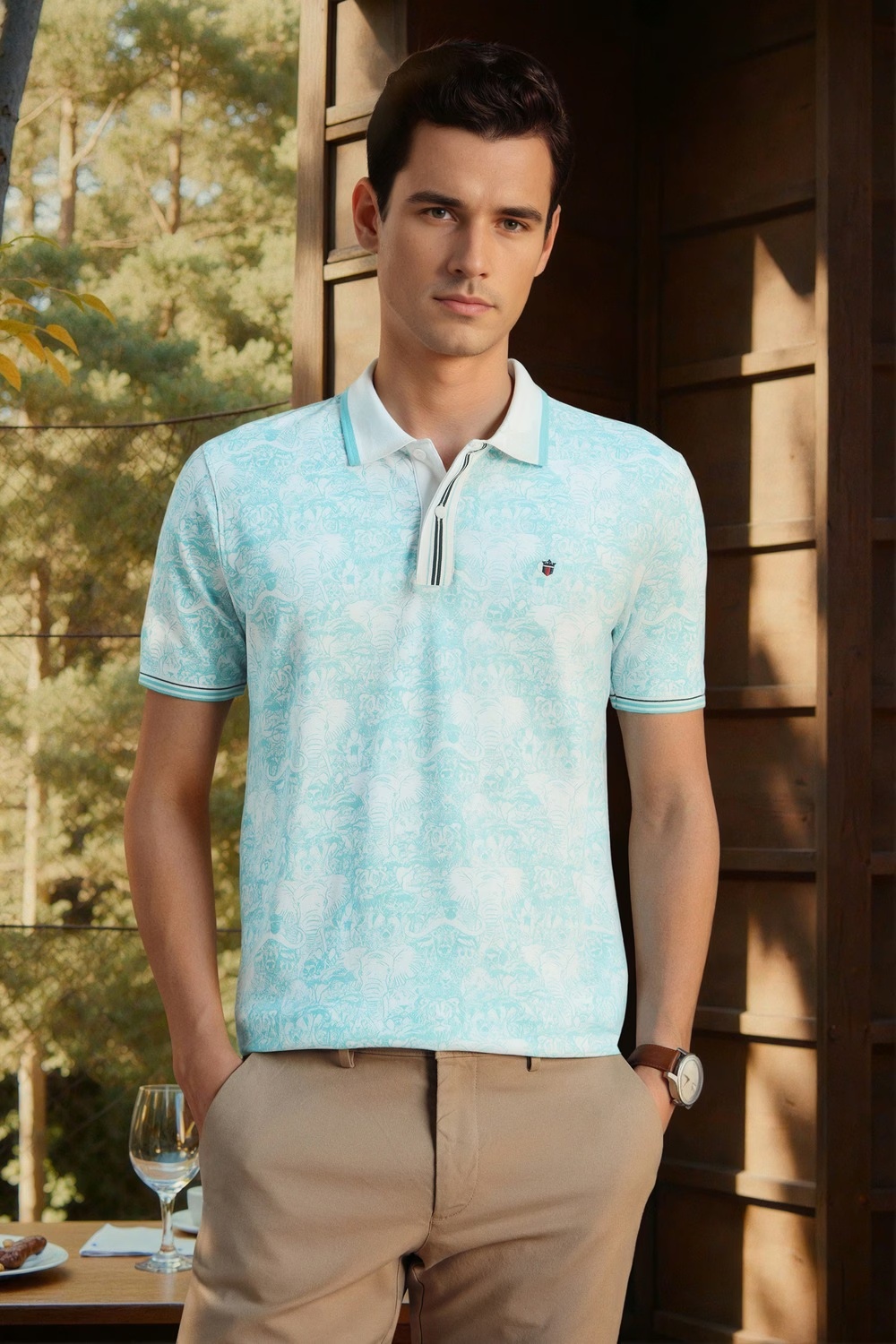 Men Light Blue Print Polo Neck T-shirt-Light Blue
