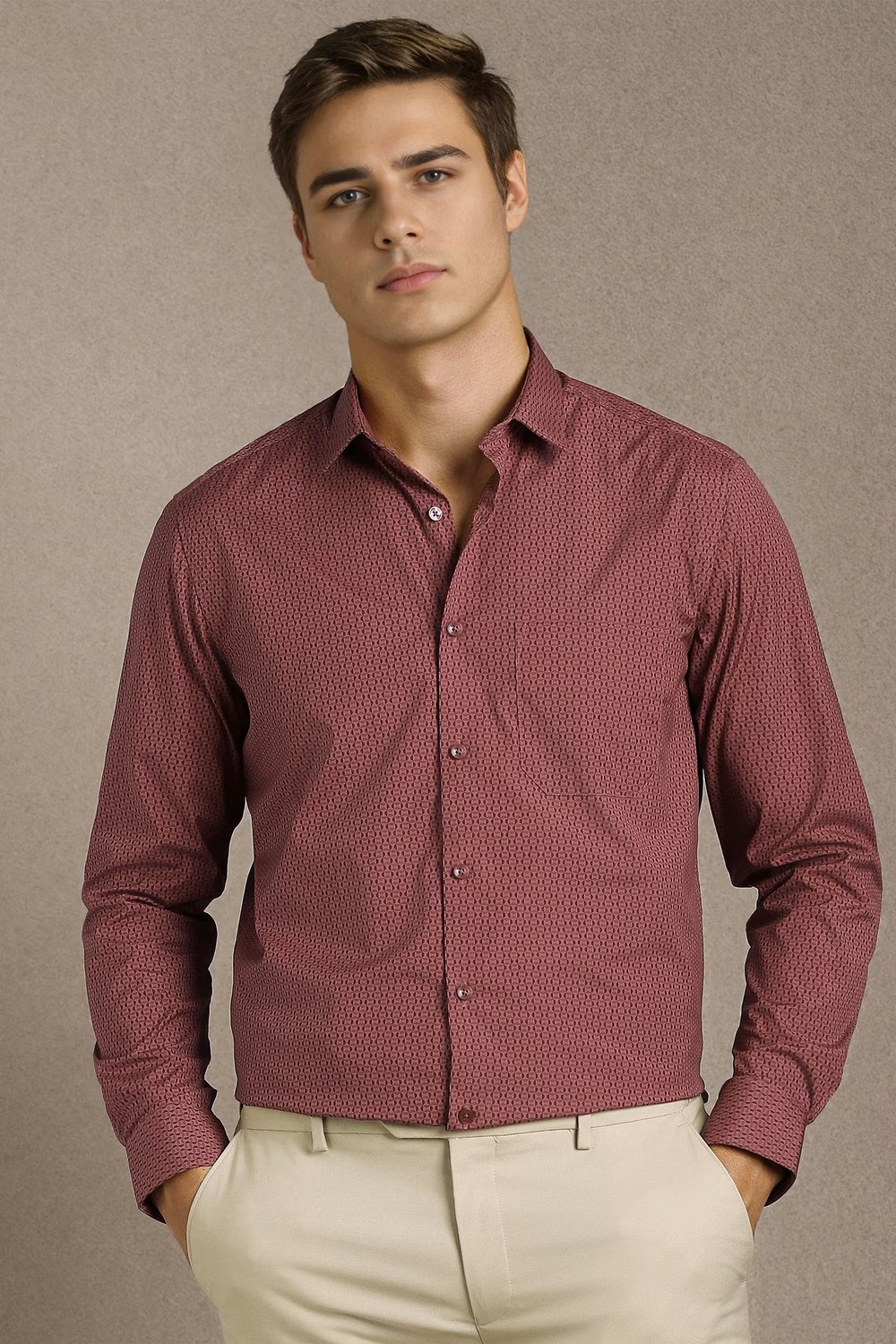 Men Maroon Print Full Sleeves Formal Shirt-Maroon