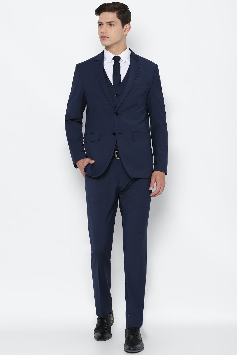 Men Navy Slim Fit Textured Formal Three Piece Suit-Navy