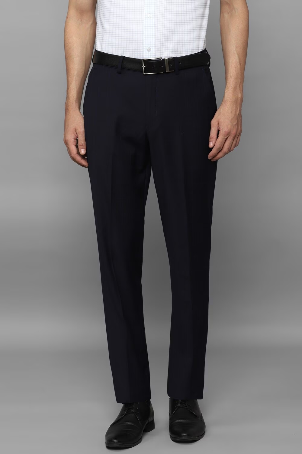 Men Navy Slim Fit Check Flat Front Formal Trousers-Navy