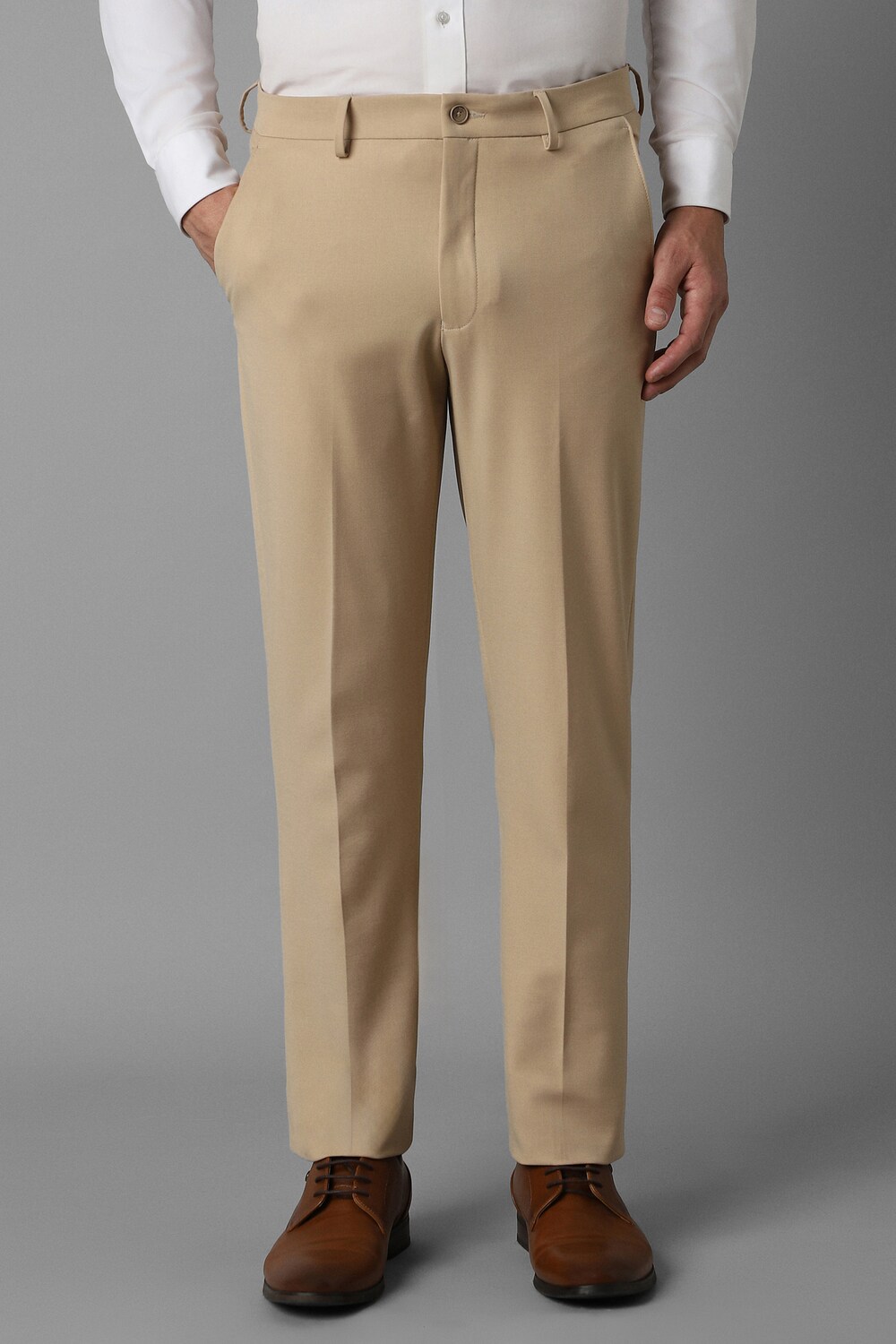 Men Beige Slim Fit Solid Flat Front Formal Trousers-Beige