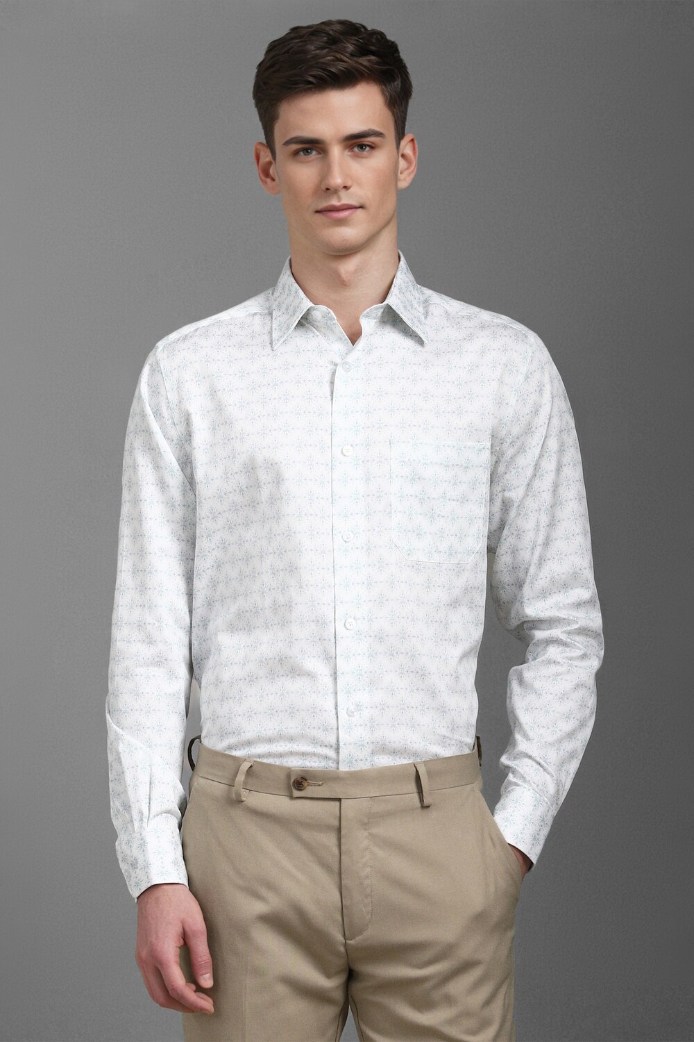 Men White Classic Fit Print Full Sleeves Formal Shirt-White