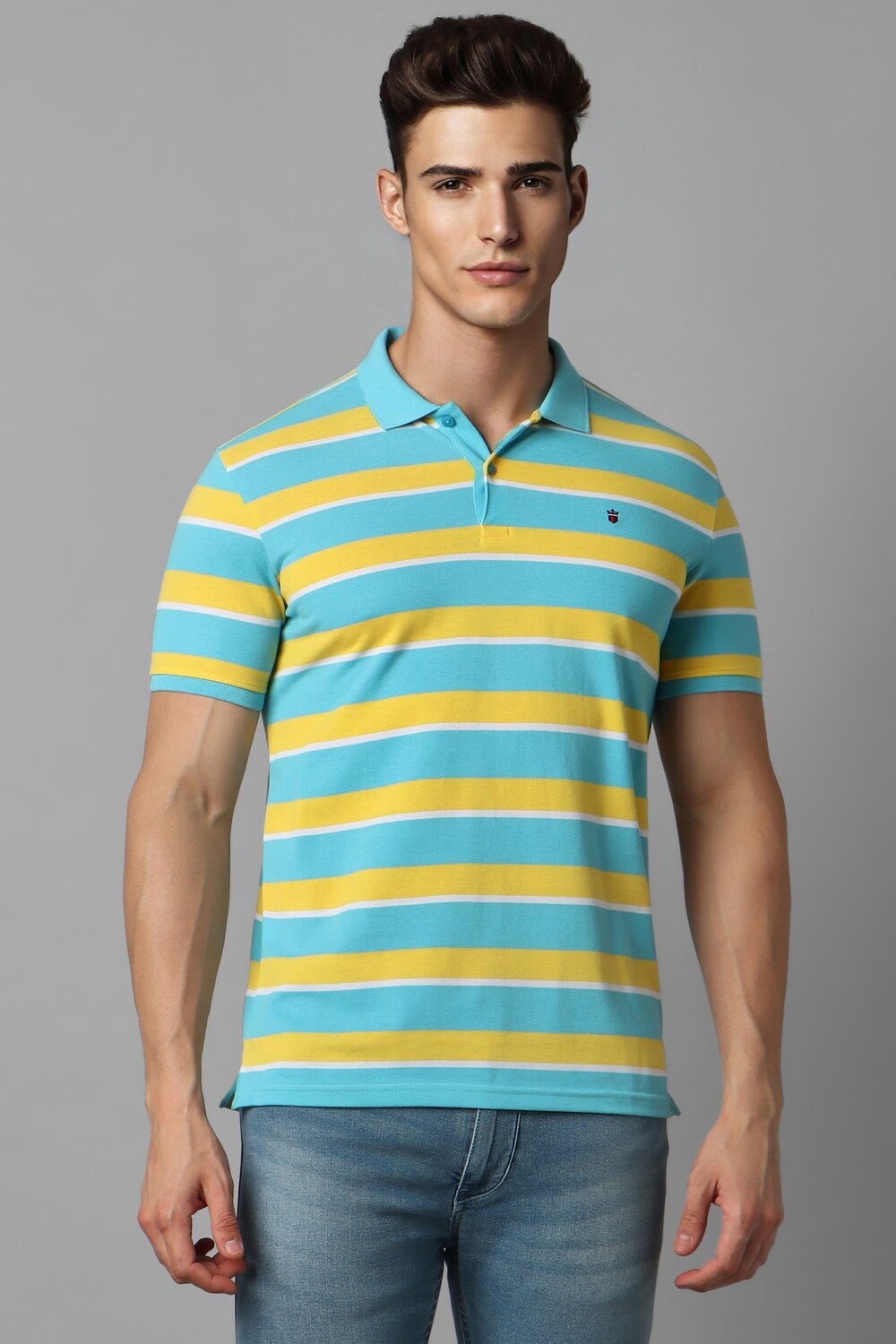 Men Blue Stripe Polo Neck T-shirt-Blue