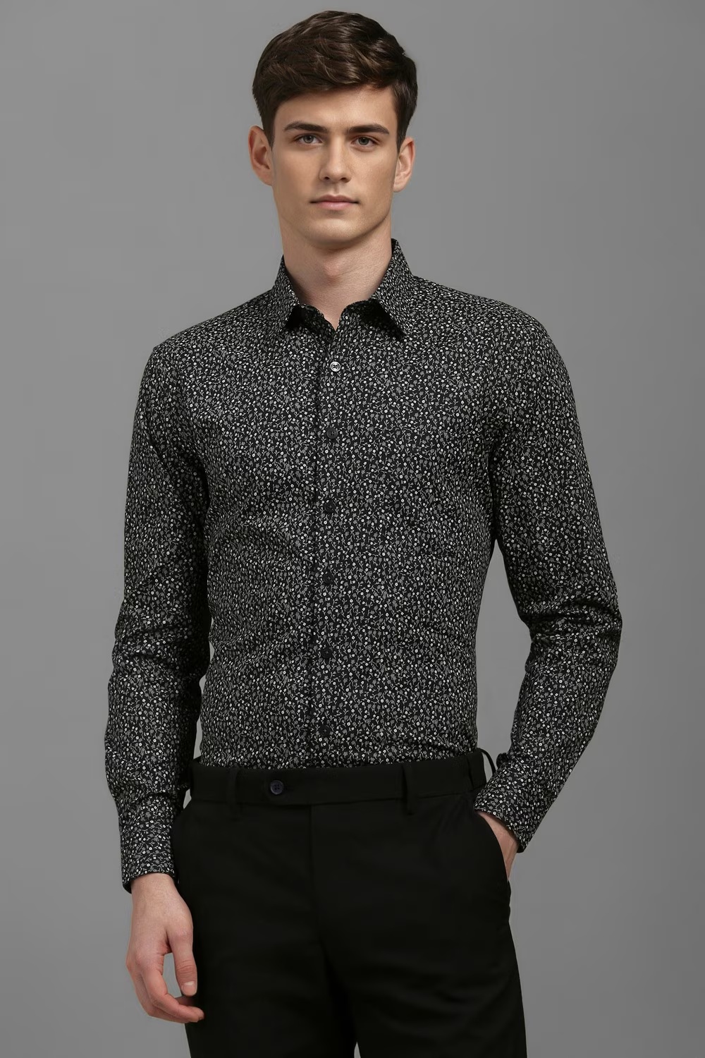 Men Black Slim Fit Print Full Sleeves Formal Shirt-Black