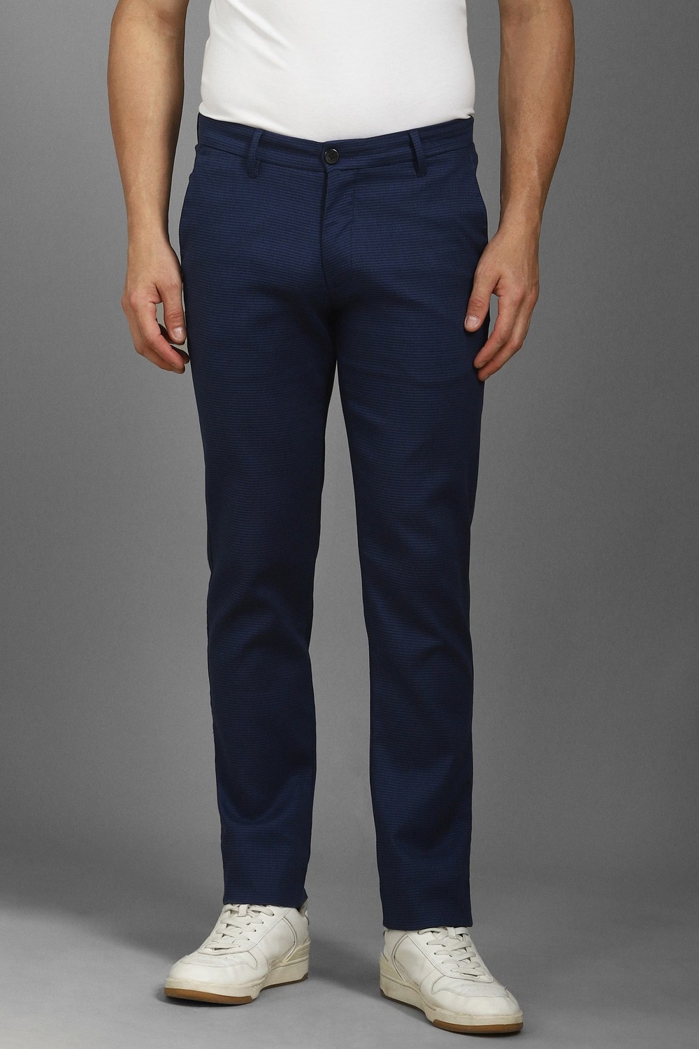 Men Navy Slim Fit Textured Flat Front Casual Trousers-Navy