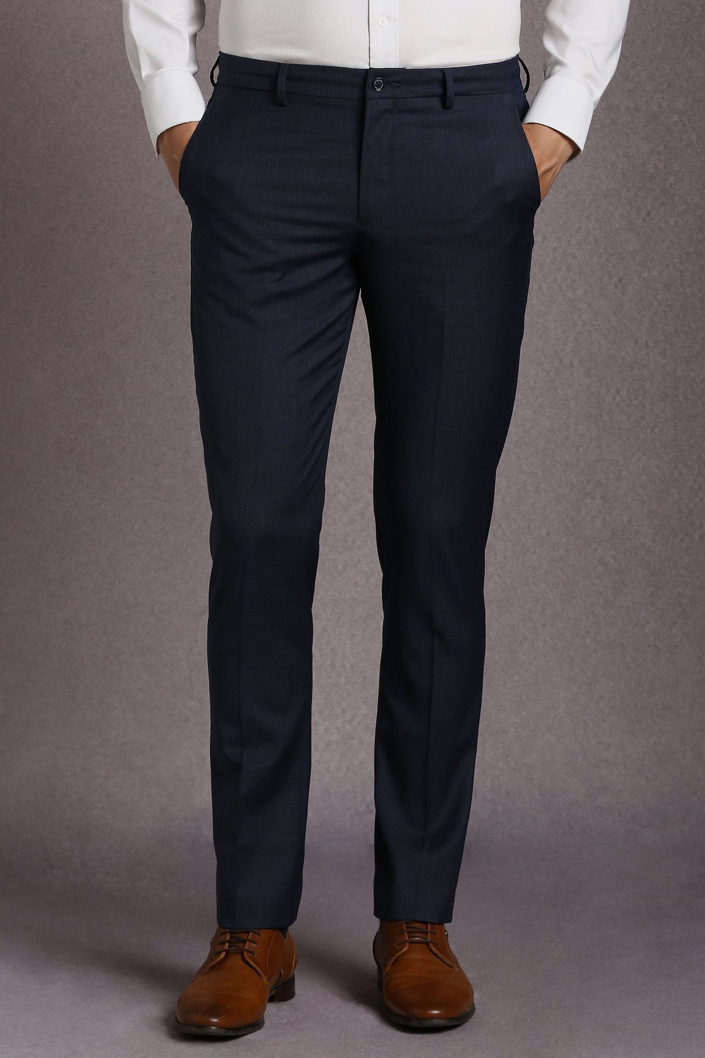 Men Navy Textured Flat Front Formal Trousers-Navy