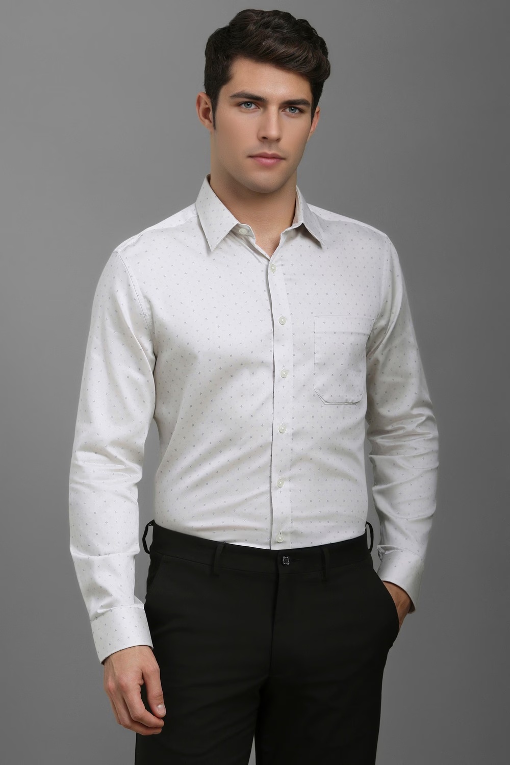 Men White Slim Fit Print Full Sleeves Formal Shirt-White