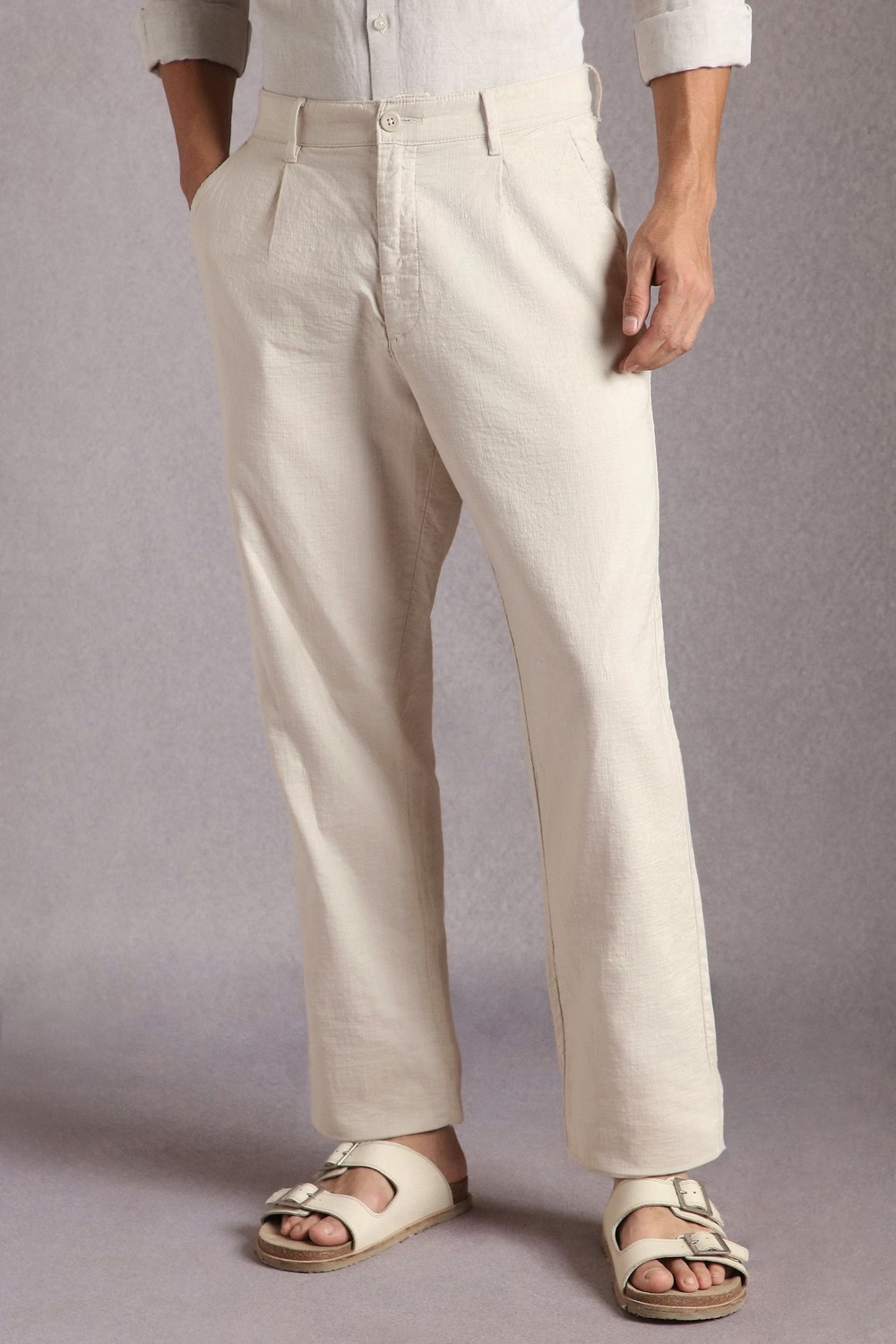Men Beige Textured Pleated Casual Trousers-Beige