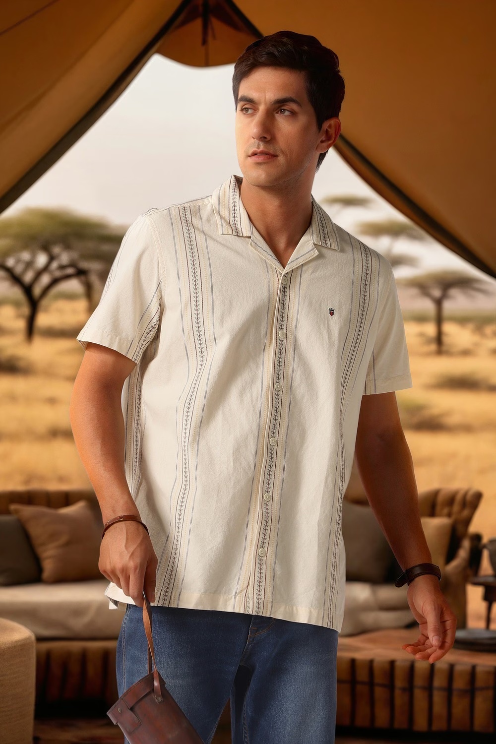 Men Beige Slim Fit Stripe Half Sleeves Casual Shirt-Beige