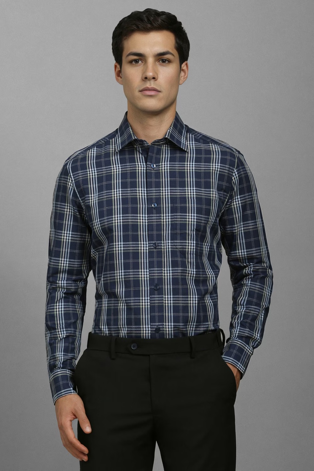 Men Navy Classic Fit Check Full Sleeves Formal Shirt-Navy