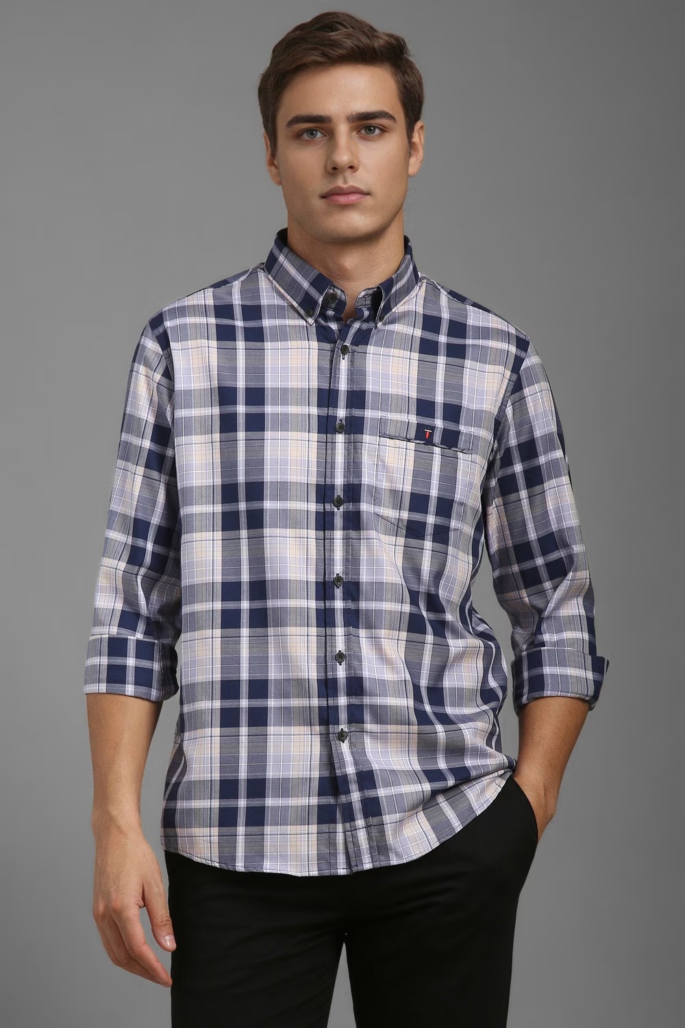 Men Blue Slim Fit Check Full Sleeves Casual Shirt-Blue