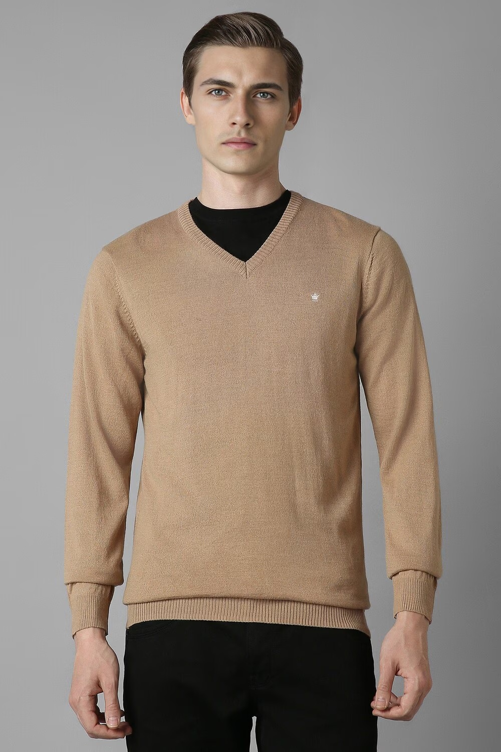 Men Khaki Solid V Neck Full Sleeves Sweater-Khaki