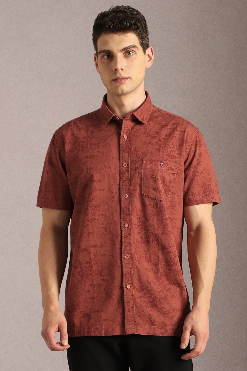 Men Brown Print Half Sleeves Casual Shirt-Brown