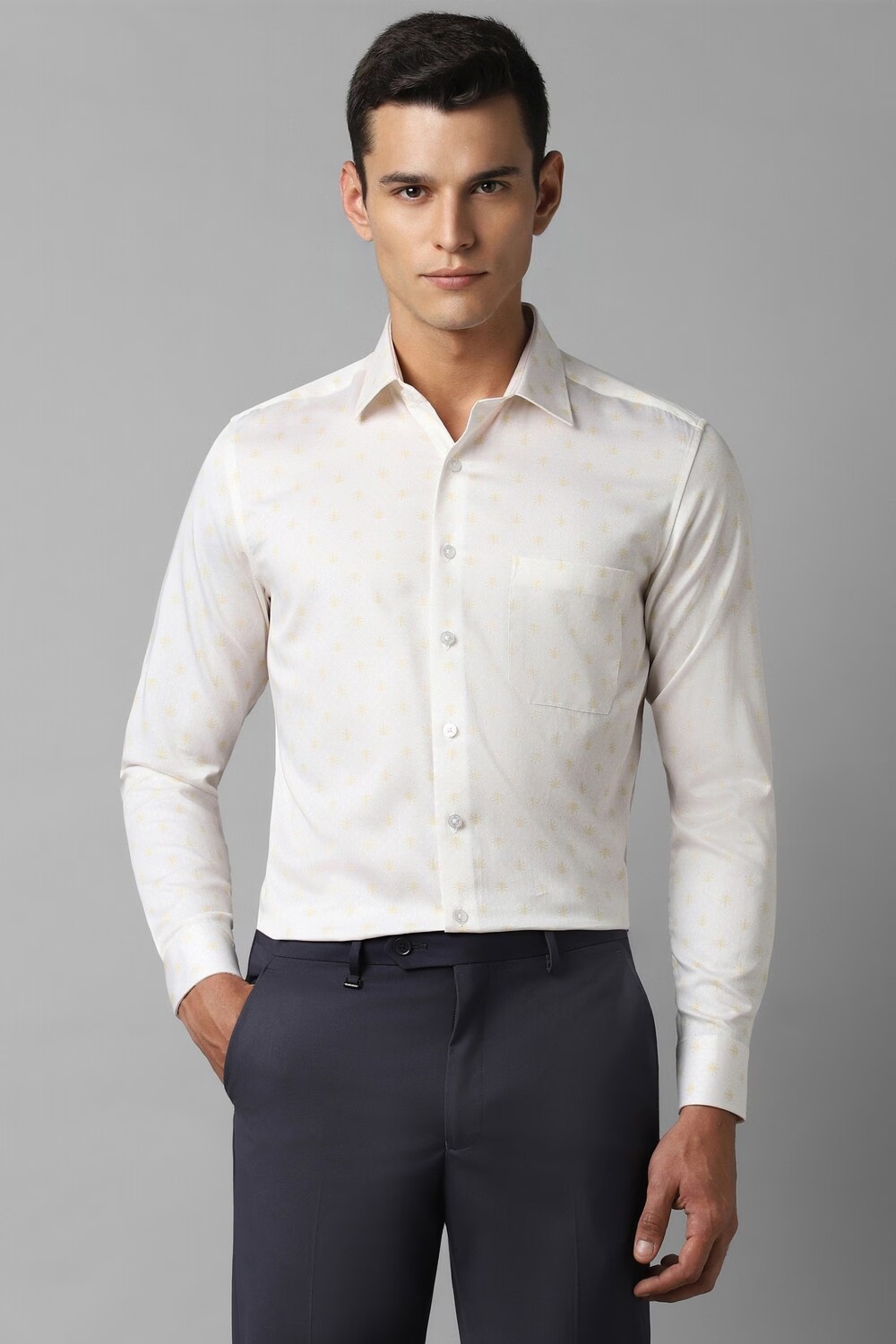 Men White Slim Fit Print Full Sleeves Formal Shirt-White