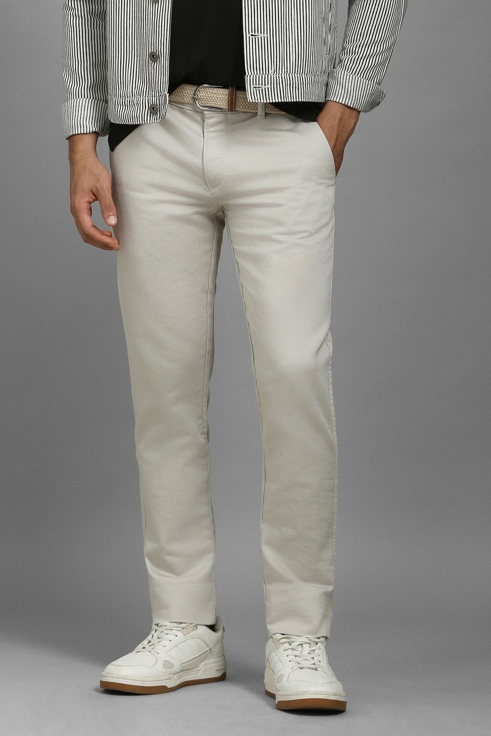 Men White Slim Fit Textured Flat Front Casual Trousers-White