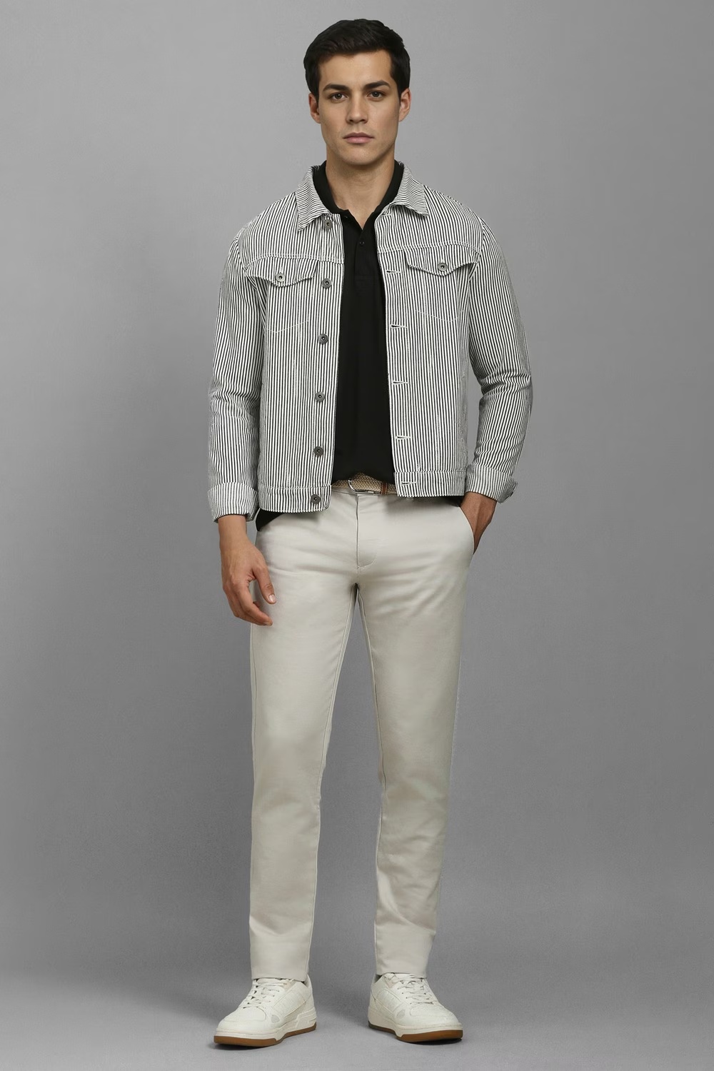 Men White Slim Fit Textured Flat Front Casual Trousers-White