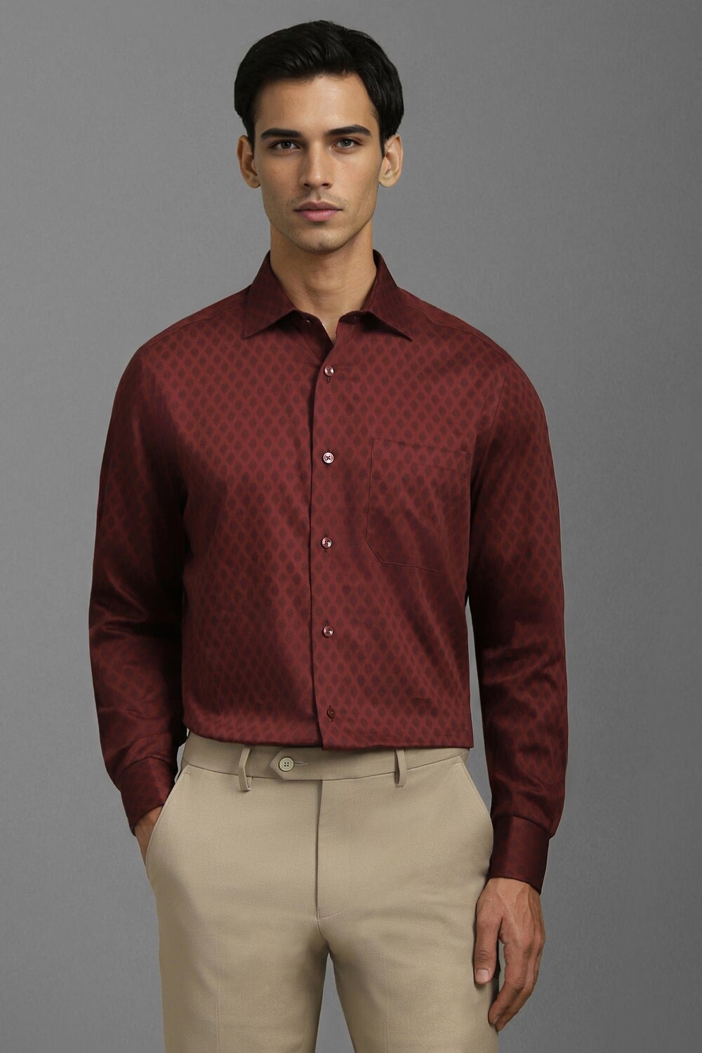 Men Maroon Classic Fit Print Full Sleeves Formal Shirt-Maroon