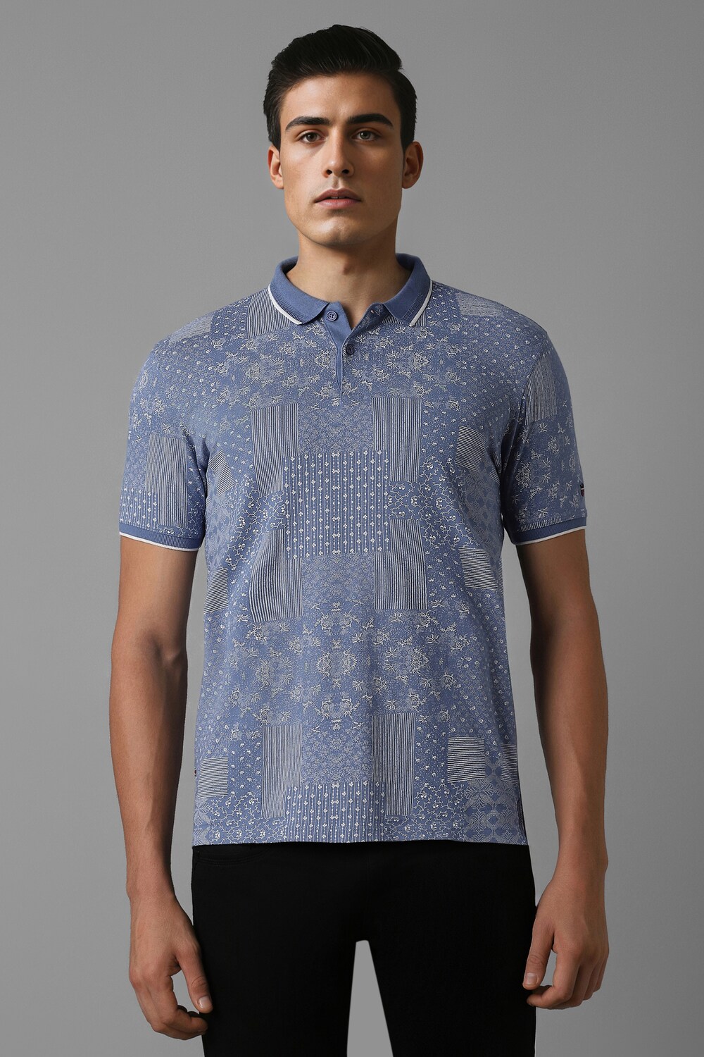 Men Blue Print Polo Neck T-shirt-Blue