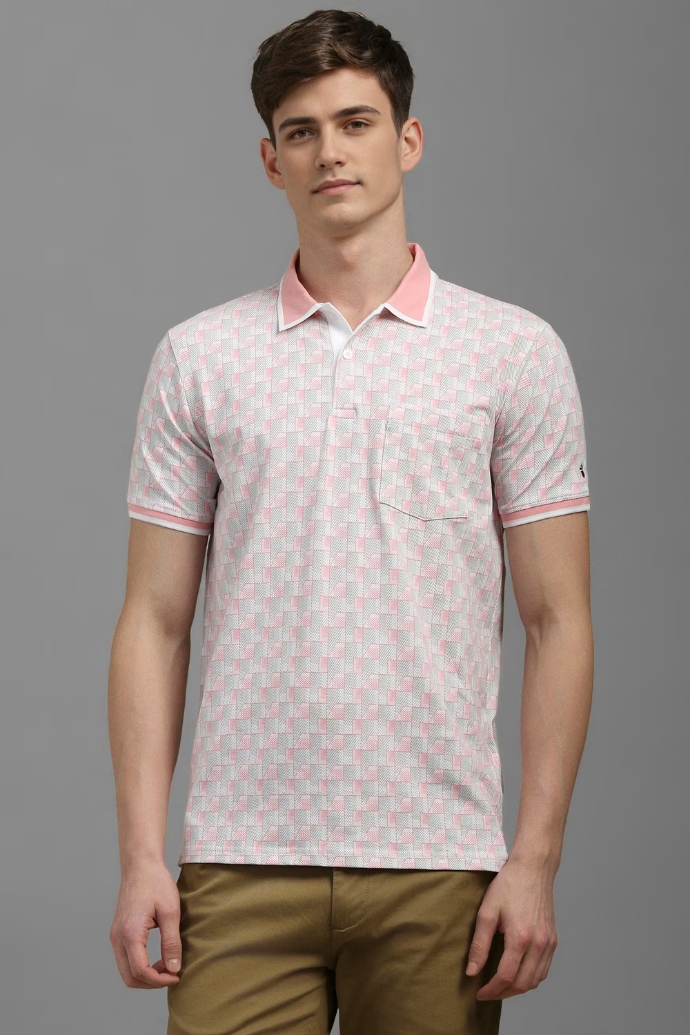 Men Grey Print Polo Neck T-shirt-Grey