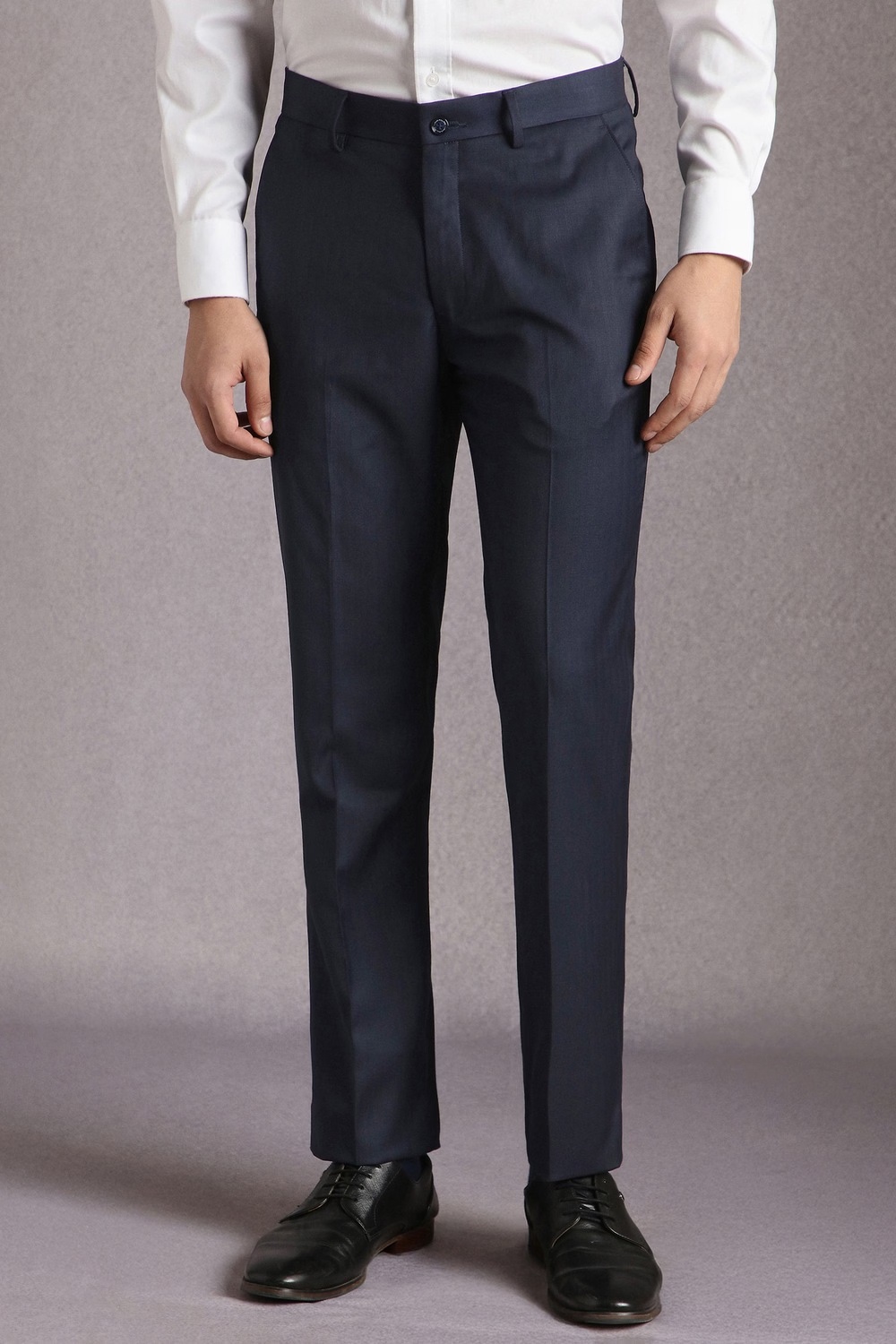 Men Navy Textured Flat Front Formal Trousers-Navy