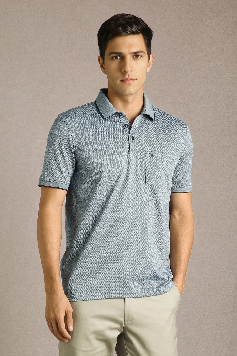 Men Navy Textured Polo Neck T-shirt-Navy