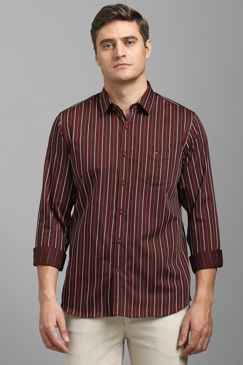 Men Maroon Stripe Full Sleeves Casual Shirt-Maroon