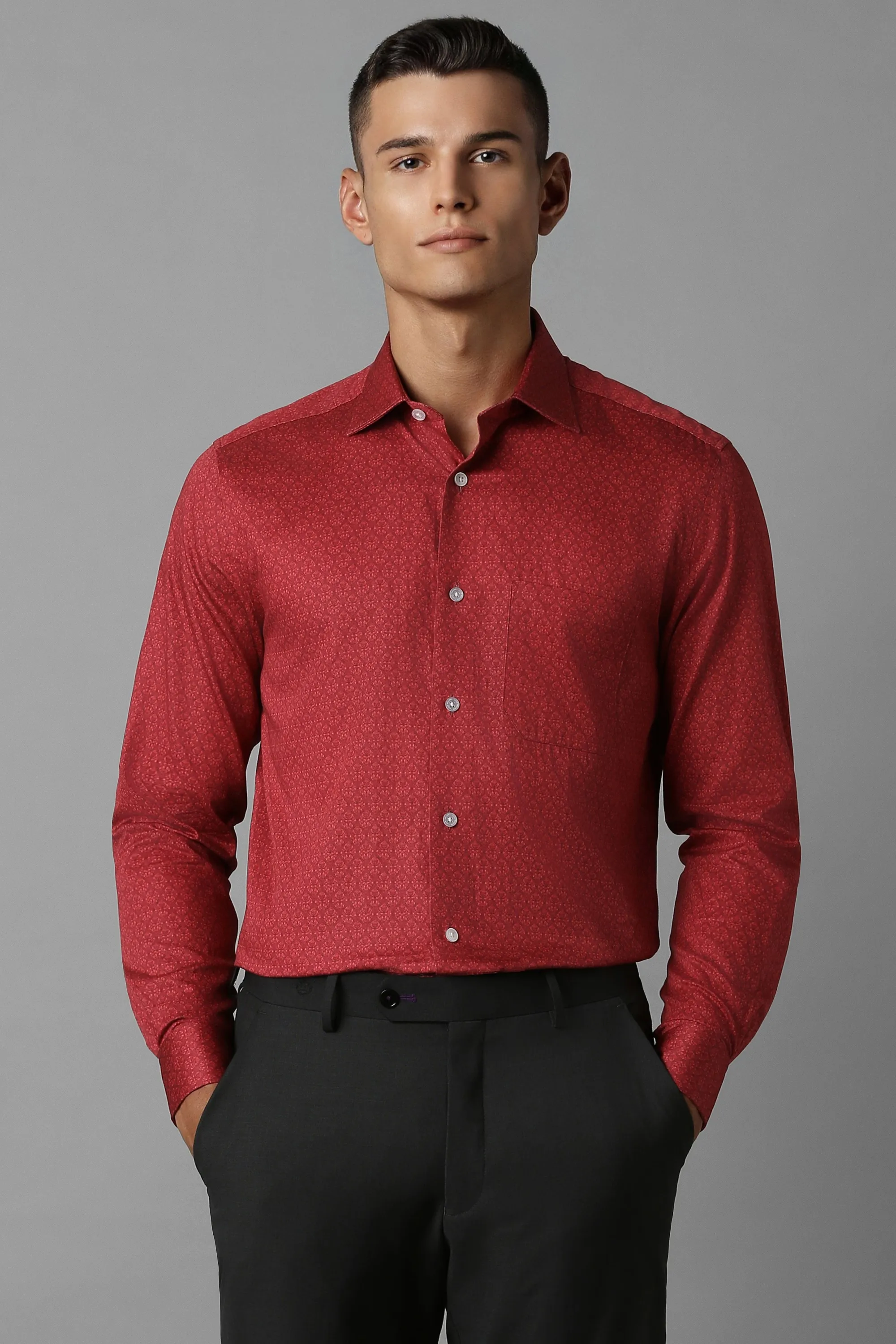 Men Red Classic Fit Print Full Sleeves Formal Shirt-Red
