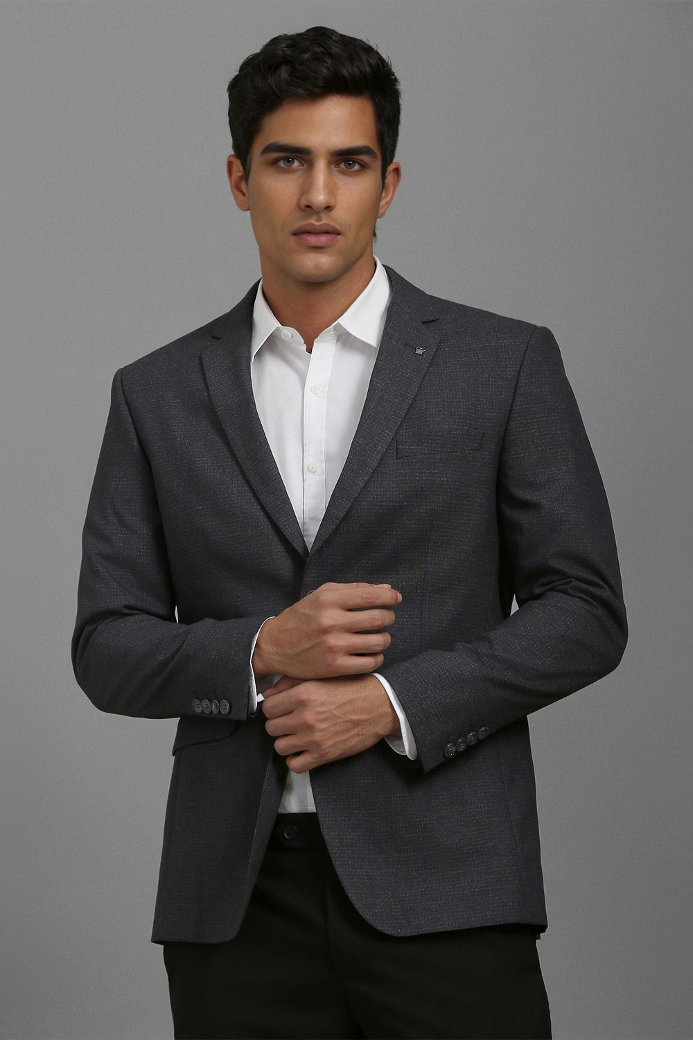 Men Grey Slim Fit Textured Formal Blazer-Grey