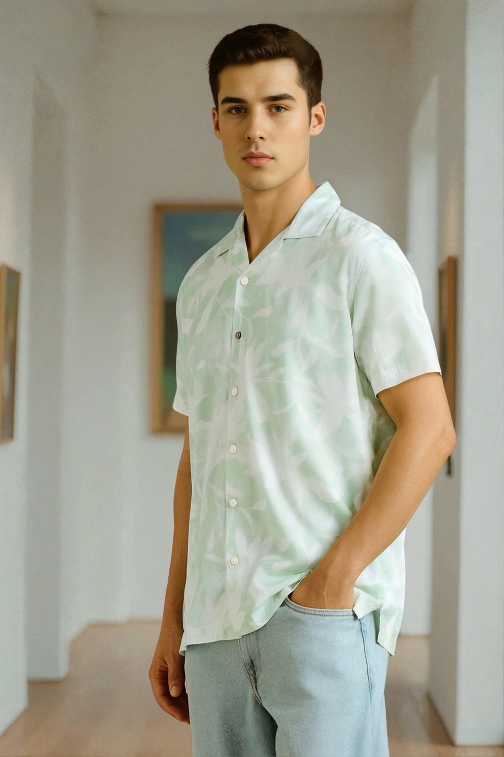 Men Green Slim Fit Print Half Sleeves Casual Shirt-Green 1 70253-men-green-slim-fit-print-half-sleeves-casual-shirt-green-1.jpg