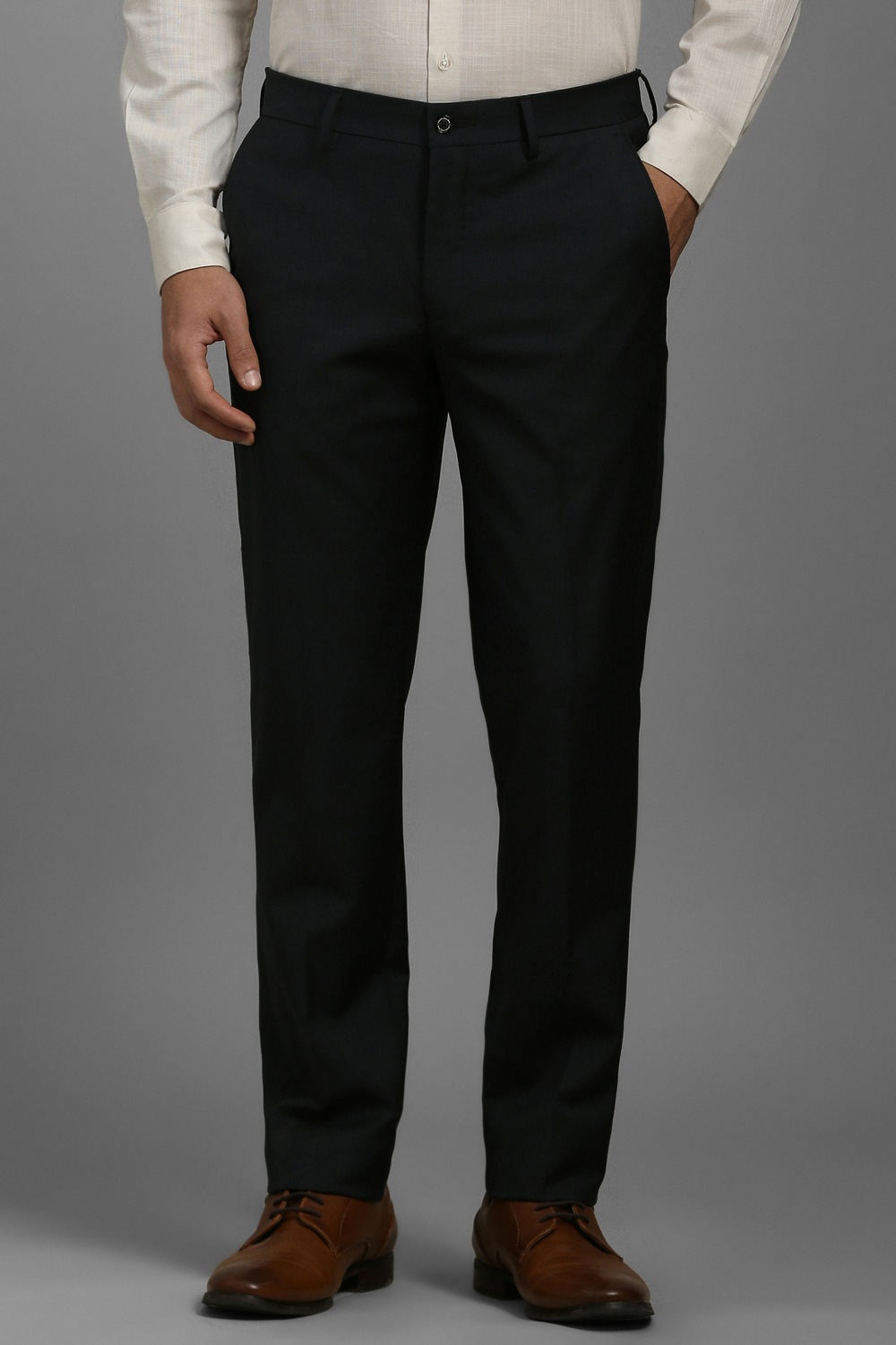 Men Black Slim Fit Solid Flat Front Formal Trousers-Black