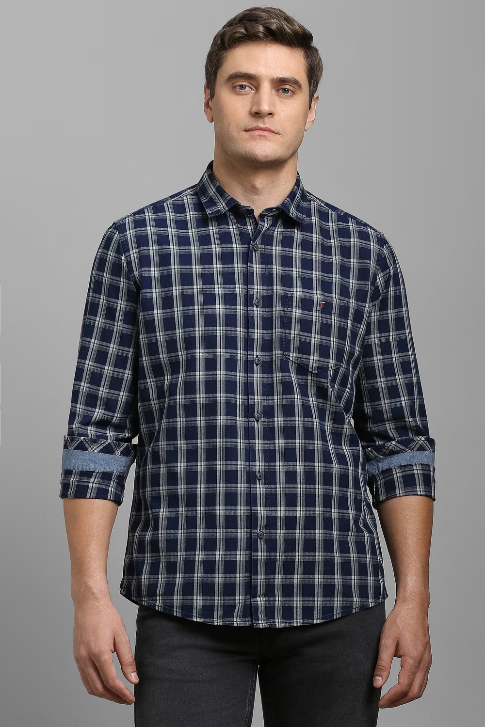 Men Navy Check Full Sleeves Casual Shirt-Navy