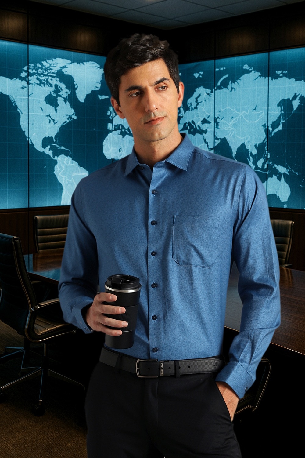 Men Blue Print Full Sleeves Formal Shirt-Blue