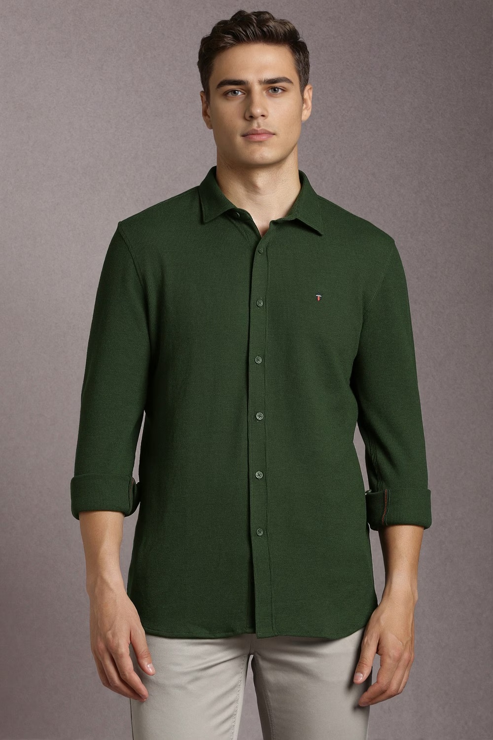 Men Green Textured Full Sleeves Casual Shirt-Green