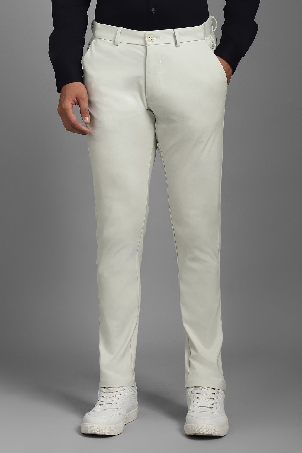 Men White Solid Flat Front Casual Trousers-White