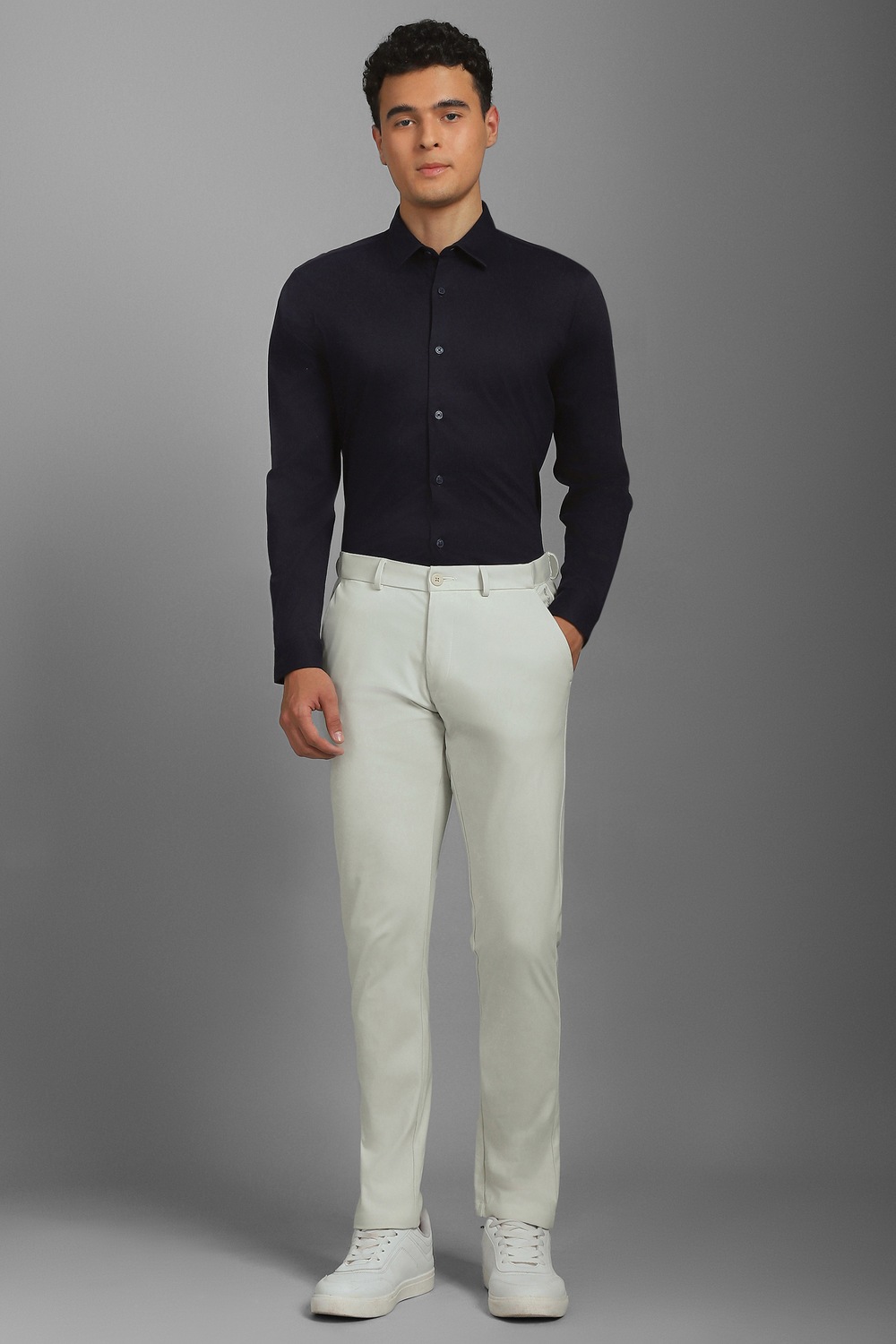 Men White Solid Flat Front Casual Trousers-White