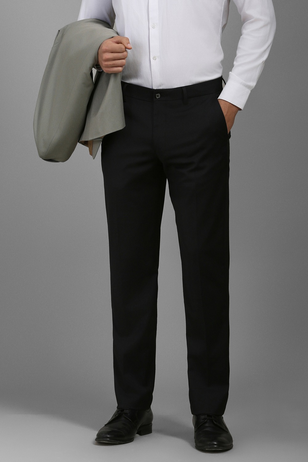 Men Black Slim Fit Solid Flat Front Formal Trousers-Black