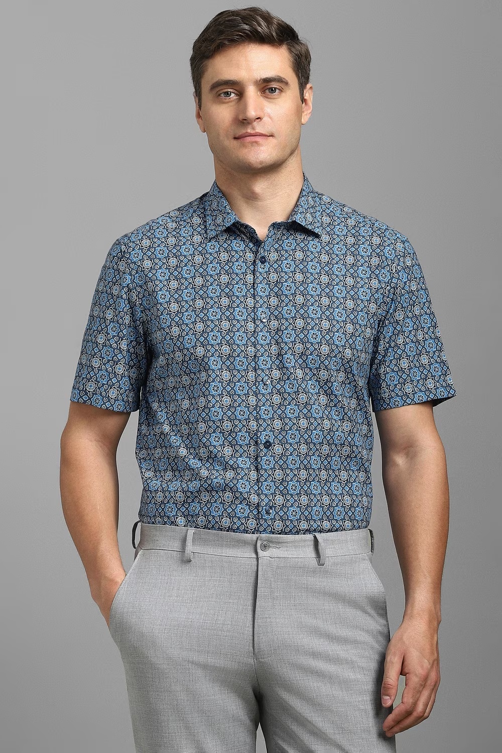 Men Blue Print Half Sleeves Formal Shirt-Blue