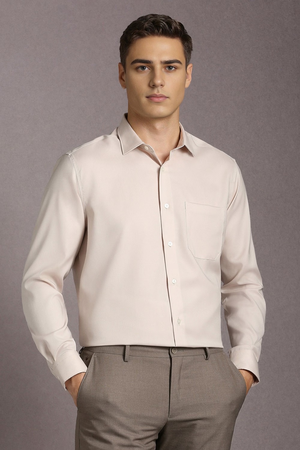 Men Beige Solid Full Sleeves Formal Shirt-Beige