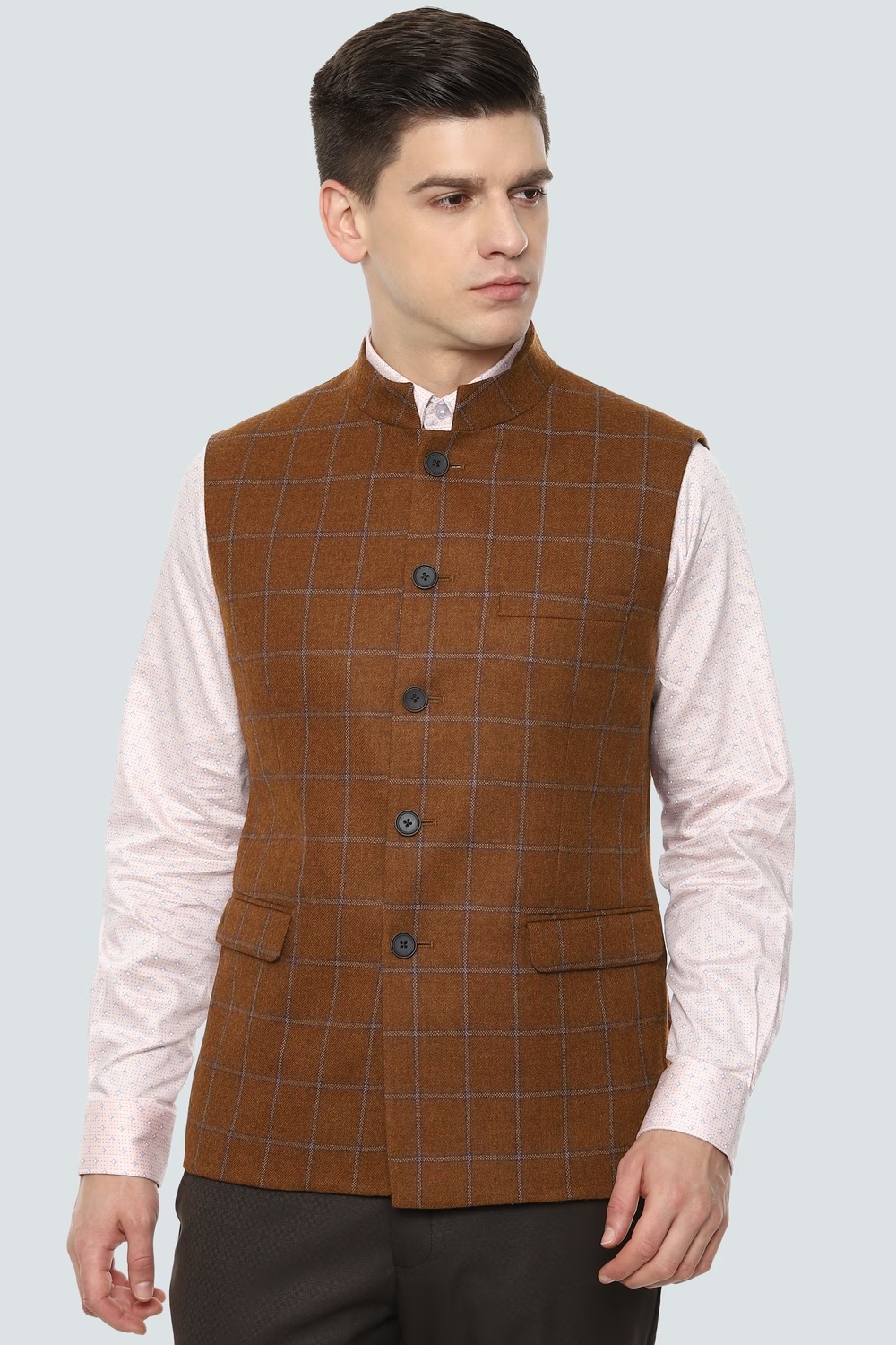 Men Brown Check Slim Fit Formal Nehru Jacket-Brown
