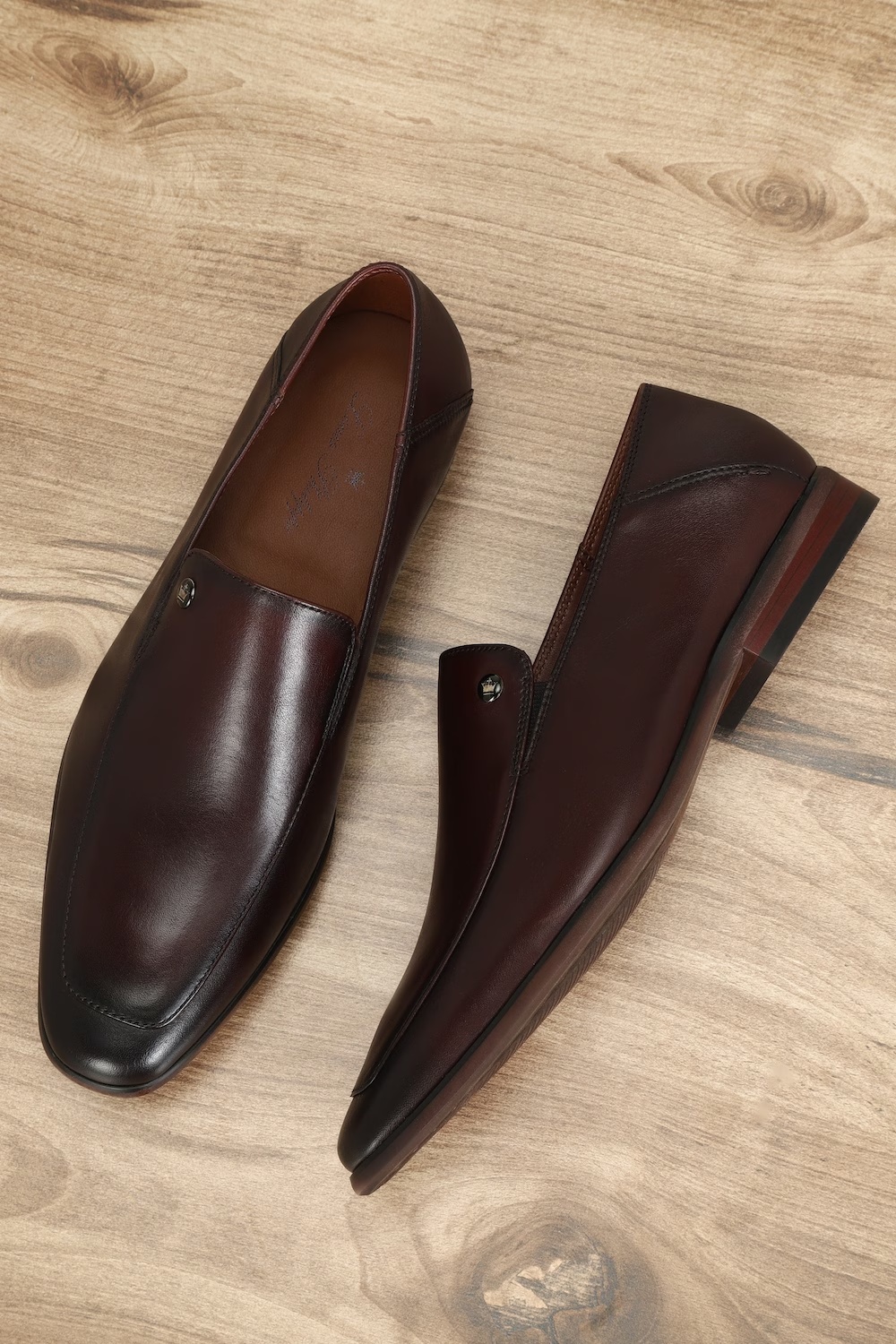 Men Classic Leather Burgundy Slip On Shoes-Burgundy
