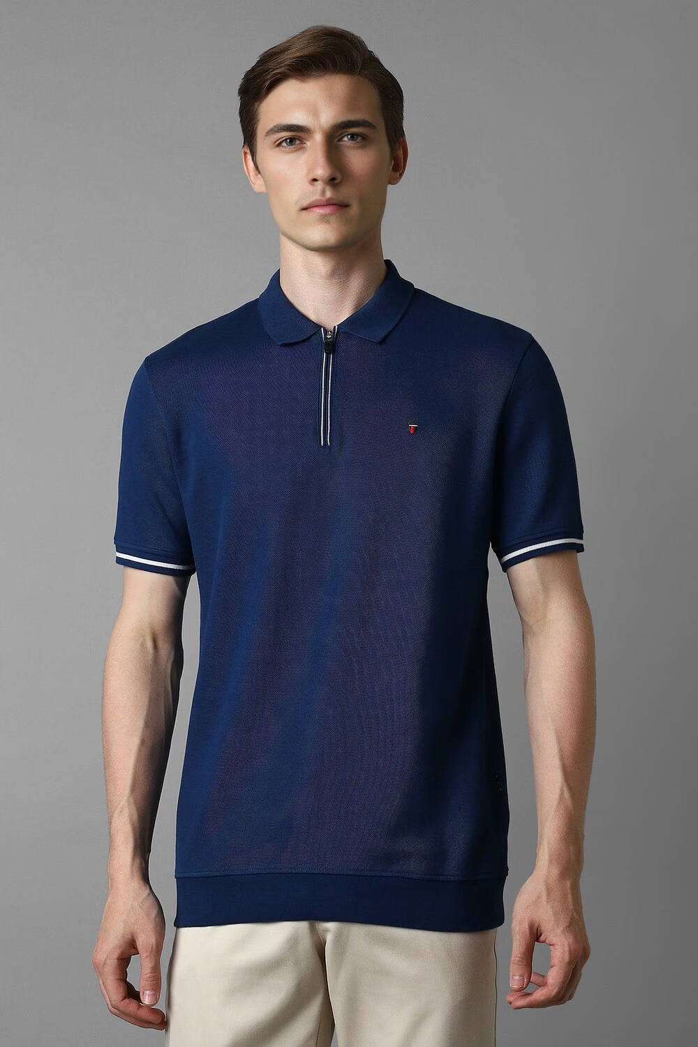 Men Navy Textured Polo Neck T-shirt-Navy