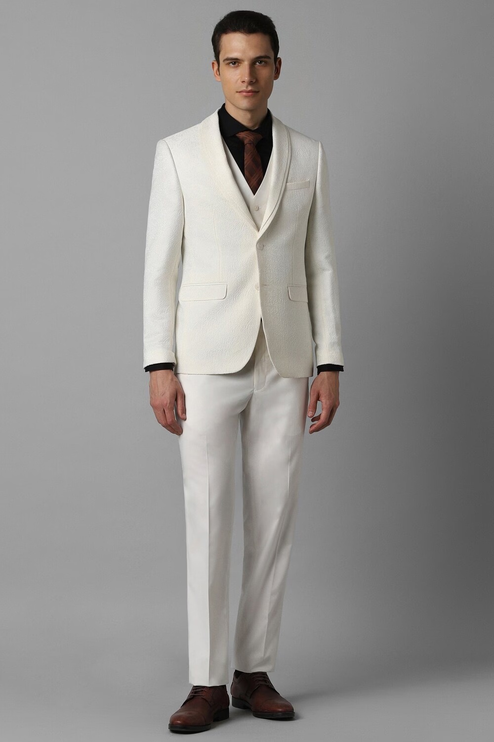 Men Cream Slim Fit Textured Party Three Piece Suit-Cream