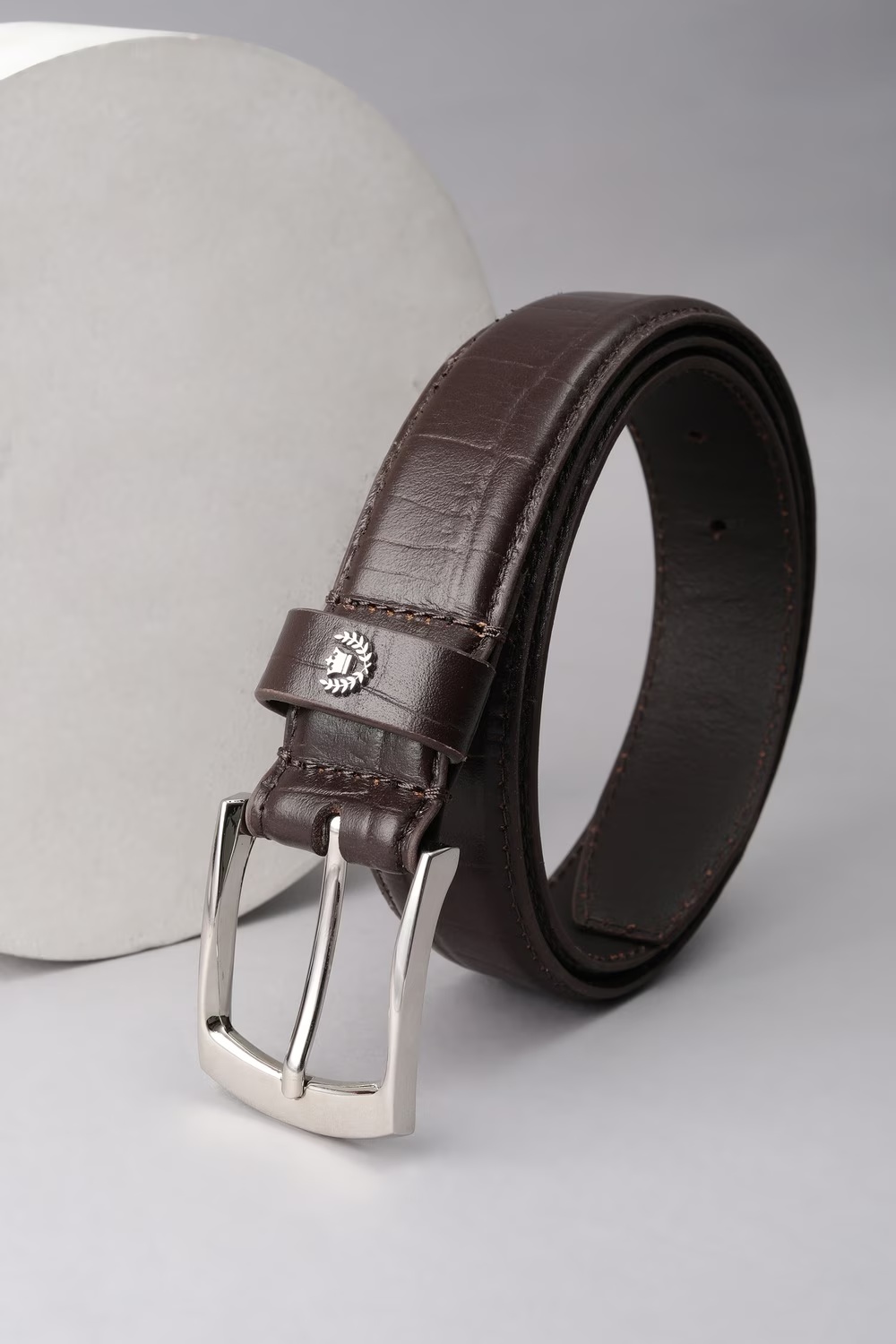 Men Brown Textured Genuine Leather Casual Belt-Brown