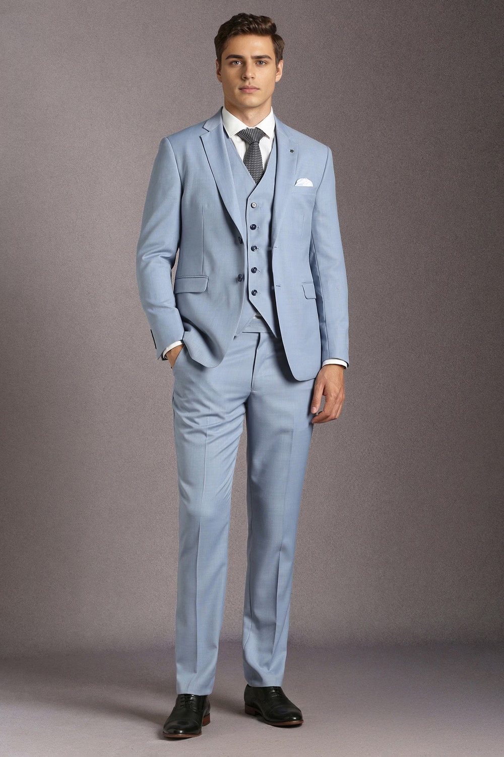 Men Light Blue Textured Formal Three Piece Suit-Light Blue
