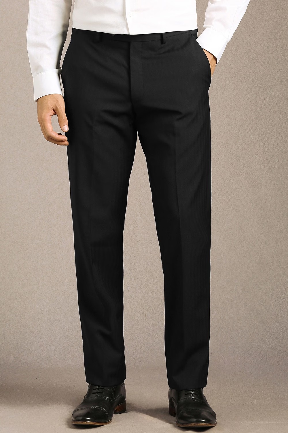 Men Black Textured Flat Front Formal Trousers-Black