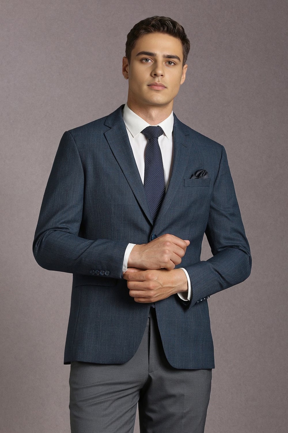 Men Navy Textured Formal Blazer-Navy