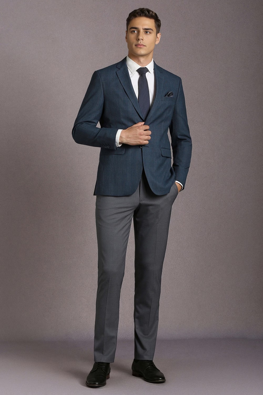 Men Navy Textured Formal Blazer-Navy